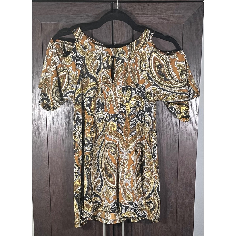 Unity Stretch Women Small Paisley Cold Shoulder Top Brown Yellow Boho Keyhole